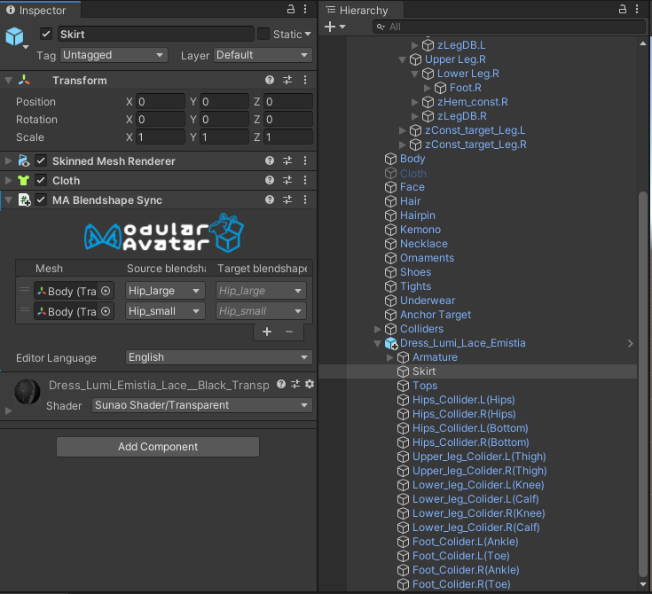 Blendshape sync setup for Skirt object